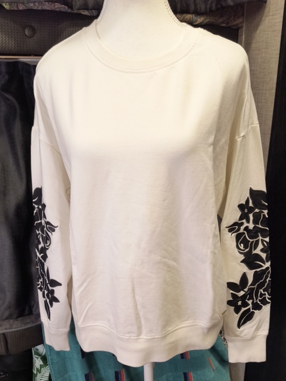 Calvin Klein White Medium Crewneck Sweatshirt with Black Floral Sleeve Accents
